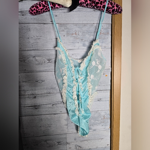 Vtg 70s Lace Trimmed Aqua Teal Nylon Lingerie Teddy Negligee Bodysuit - Picture 9 of 9